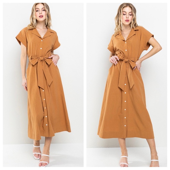 10 Boho Solid Linen Self Tie Waist Long Dress - Picture 2 of 4